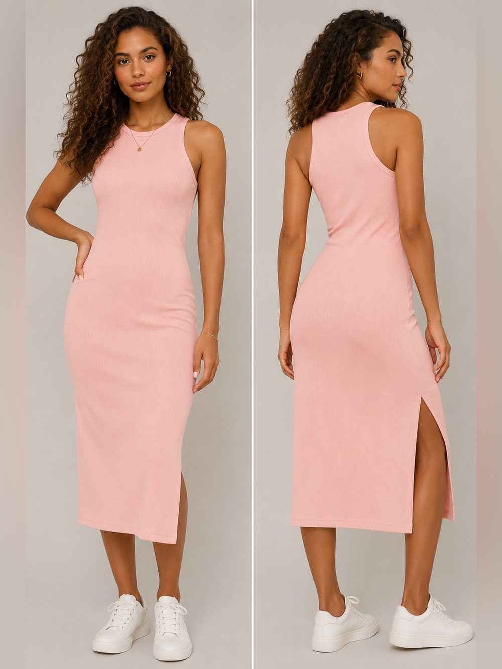 Crewneck Pink Ribbed Midi Dress with Side Slit
